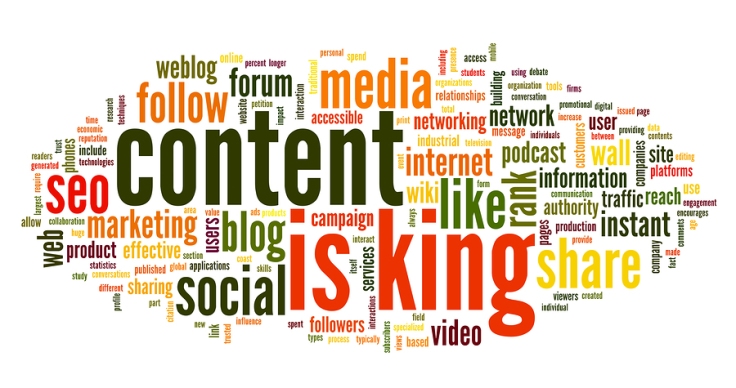 Content is king concept in word tag cloud on white background
